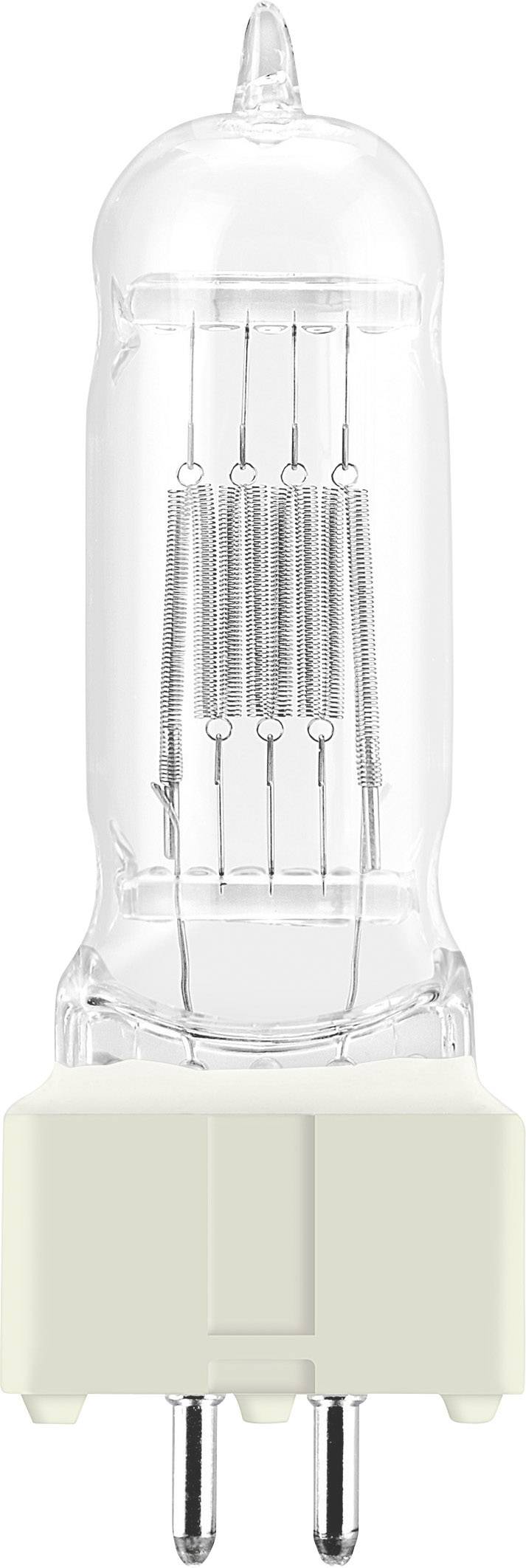 En genomskinlig halogenlampa med två stift i nederkanten. Den används för belysning i olika armaturer.