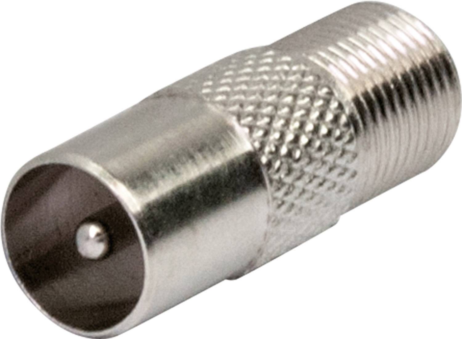 En silverfärgad koaxialkontakt med räfflat greppområde till höger.