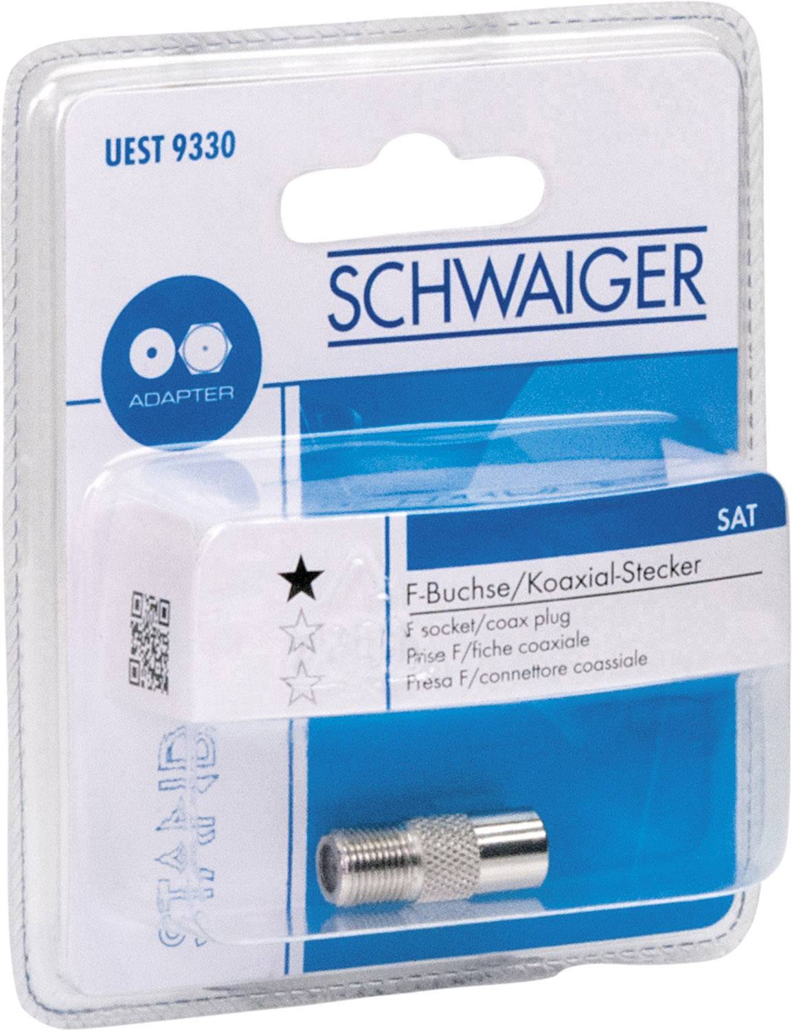 Adapter F-hona/koaxial-hane i plastförpackning med varumärket 'Schwaiger' och produktnummer 'UEST 9330'.