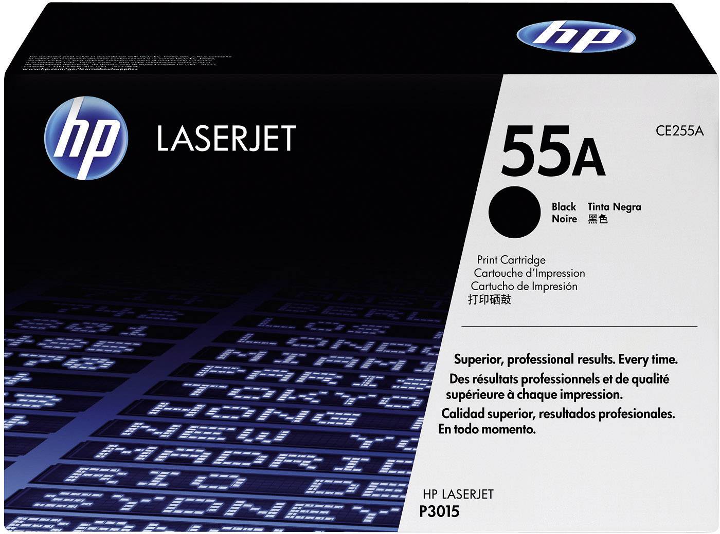Låda med HP LaserJet-bläckpatron 55A, svart. Text på flera språk: 'Överlägsna, professionella resultat. Varje gång.'