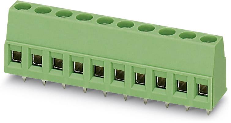 Grön kontaktdon med tio stift för elektrisk anslutning, med ett triangelmönster synligt på ovansidan.