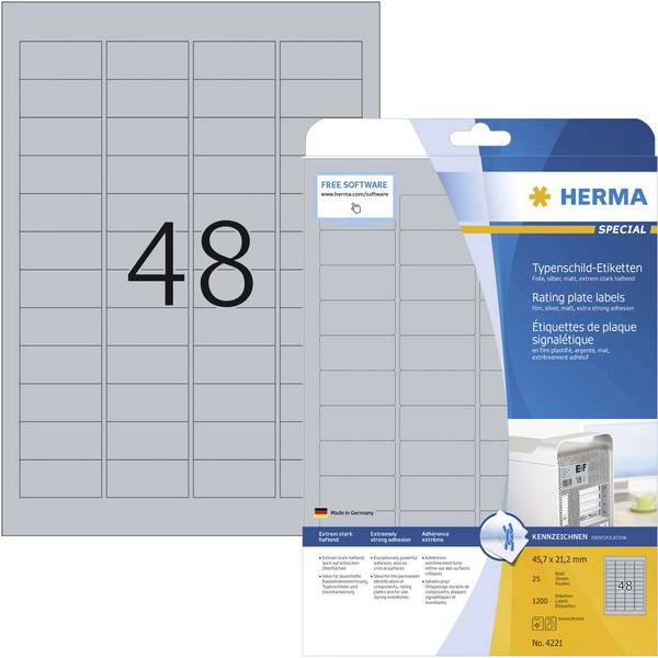 <br>  Herma<br>  4221<br>  Märkskyltsetiketter<br>  45.7 x 21.2 mm<br>  Polyesterfilm<br>  Silver<br>  1200 st<br>  Permanent<br>  Laser, Kopiator, Färglaserskrivare<br>