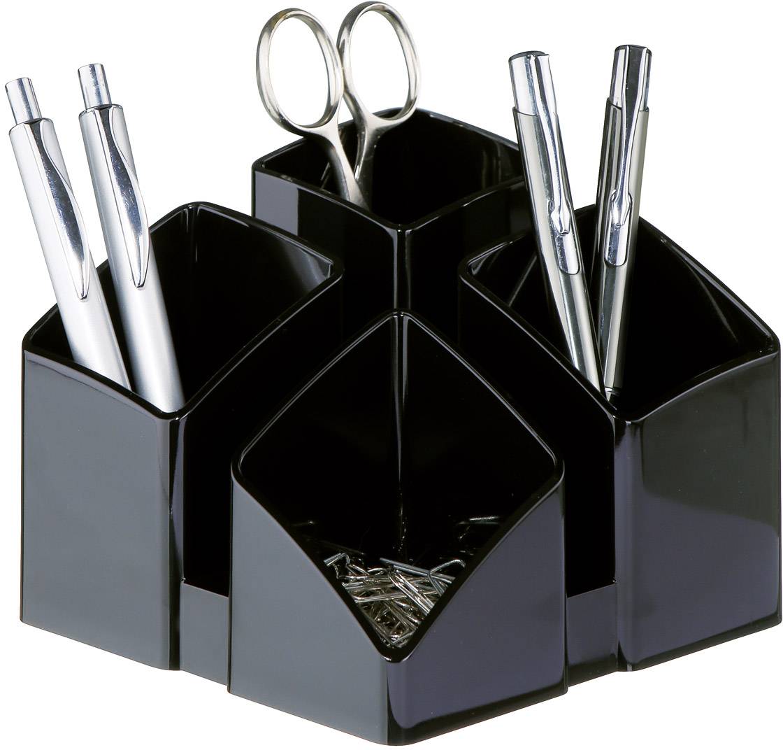 En svart pennhållare med sex fack innehåller pennor, sax och gem, perfekt för organisering på ett skrivbord.