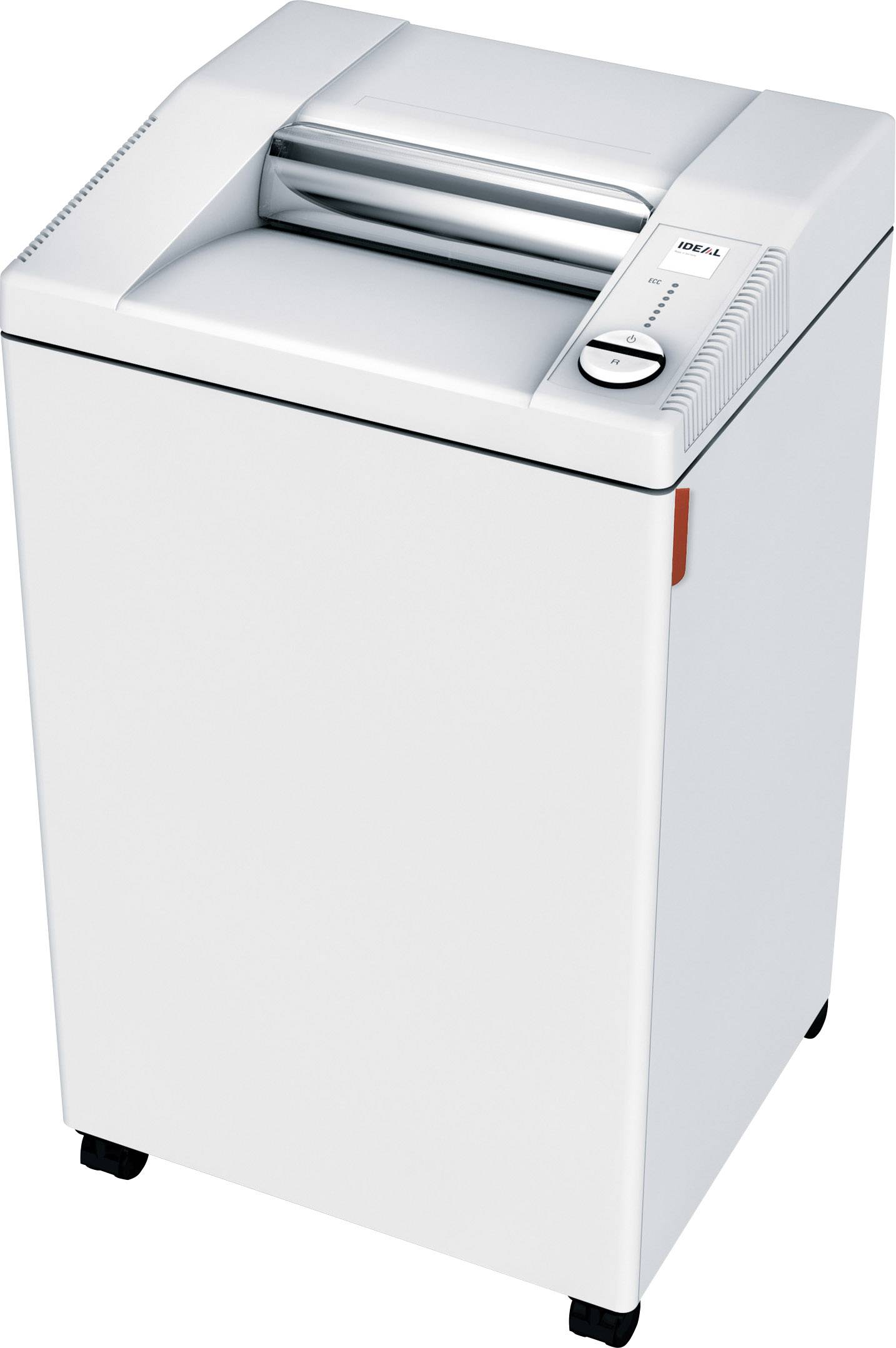 En vit dokumentförstörare med kontrollknappar överst. Enheten står på fyra hjul och är avsedd för dokumentmakulering.