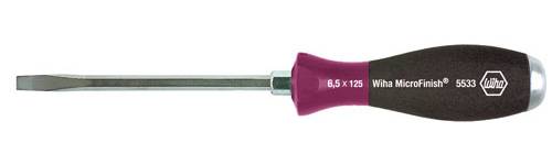 Platt skruvmejsel med rosa-svart handtag. Inskription: '6,5 x 125 Wiha MicroFinish 5333'.