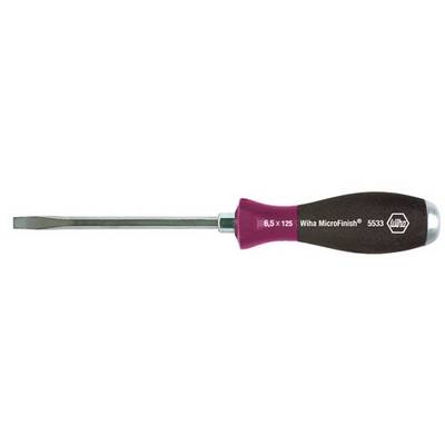 Platt skruvmejsel med rosa-svart handtag. Inskription: '6,5 x 125 Wiha MicroFinish 5333'.