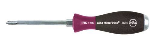 Skruvmejsel med rött handtag, märkt 'PH2 x 100 Wiha MicroFinish 5534', lämplig för PH2-skruvar.