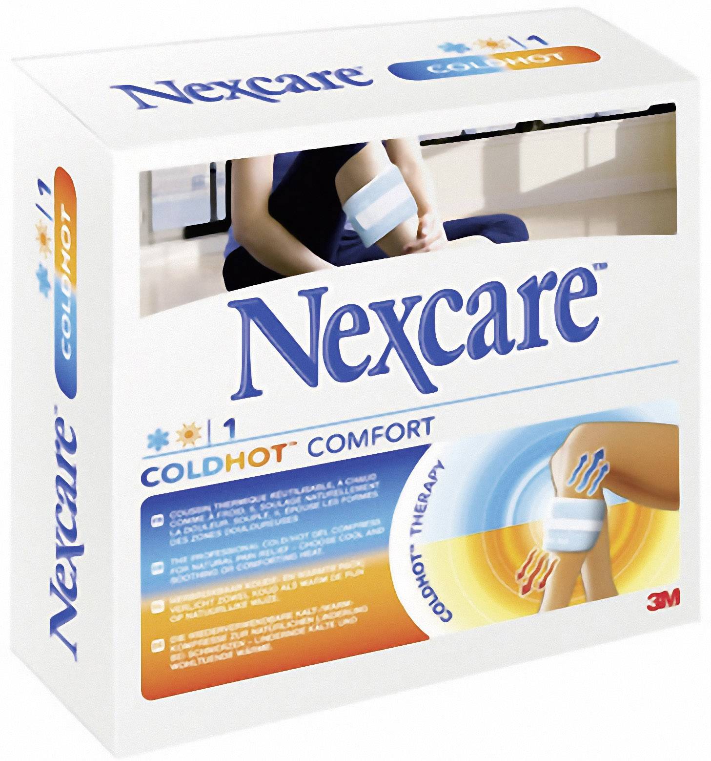 Förpackning för "Nexcare ColdHot Comfort". Visar en person som använder ett kall-varm-kompressförband på knät. Produkt från 3M.