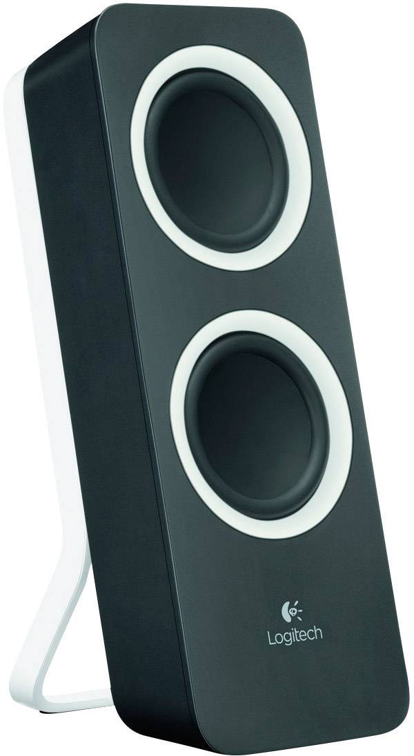 Svart högtalare med två runda, vita ringar runt membranen, på ett vitt stativ. Varumärkets logotyp synlig nedtill.