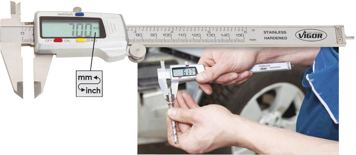 En person mäter med ett digitalt skjutmått. Displayen visar '5,68 mm'. Enheten har en omkopplingsfunktion mellan mm och tum.