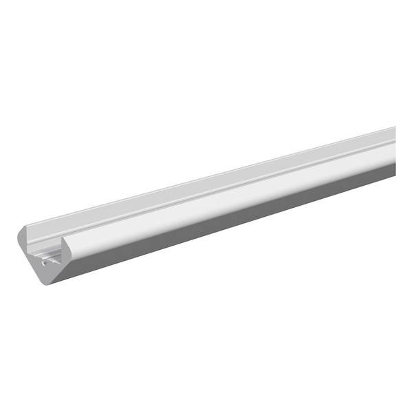 En avlång aluminiumprofilstång med en triangulär tvärsnittsform och en fördjupning på en sida.