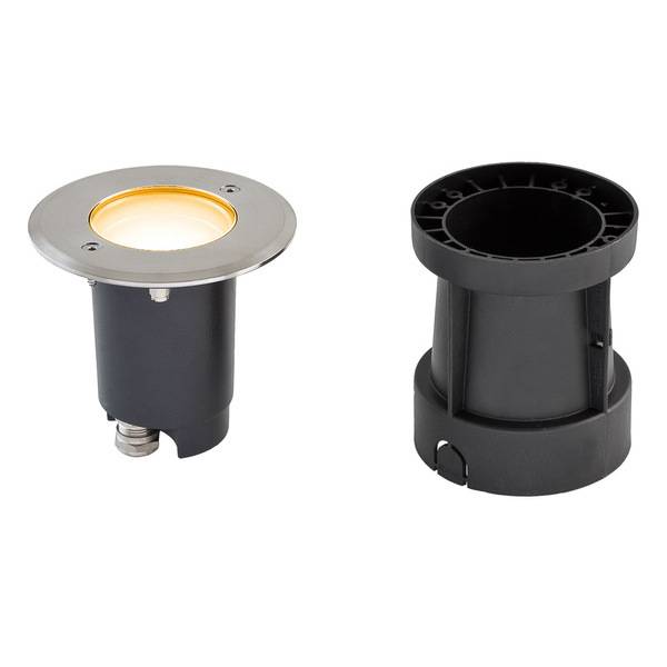 Marklampa vänster sida: Rund lampa med stomme av rostfritt stål och varmt ljus. Höger sida: Svart hölje för installation. Belysning för utomhusbruk.