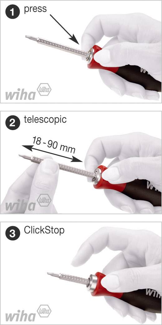 1. 'Tryck' visar hur man sätter i ett verktygsförläggande i ett handtag. 2. 'Teleskop' visar den justerbara längden från 18-90 mm. 3. 'ClickStop' bekräftar att tillbehöret sitter ordentligt fast.