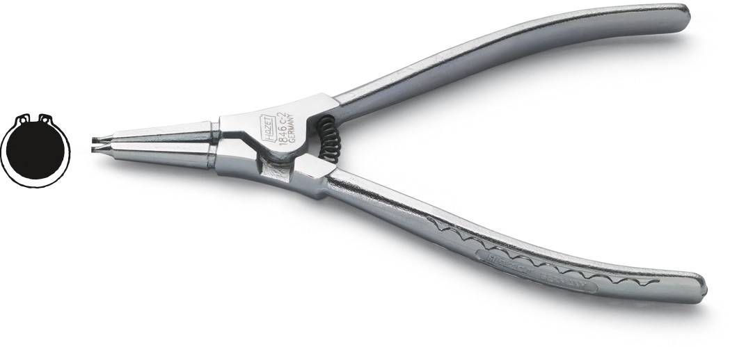 Silvrig låsringstång med vinklade spetsar, bredvid en bild av en låsring, visar verktygets användning för att ta av ringar.