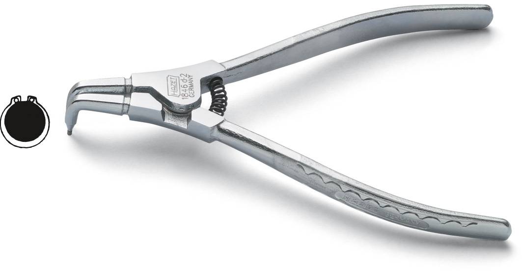 Tång med två gripande armar och fjädermekanism, för borttagning eller installation av fjäderringar. Stor svart rundclips till vänster.