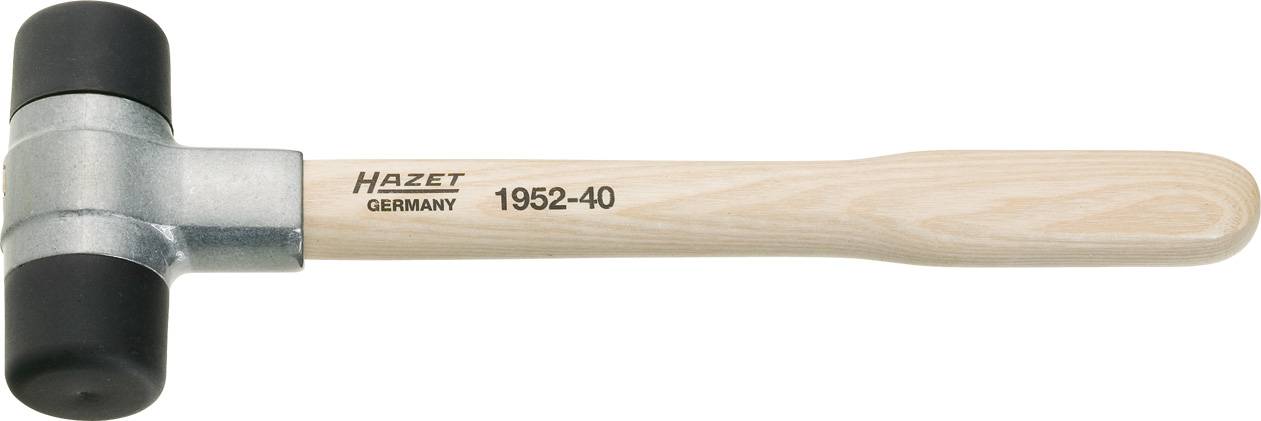 Gummhammare med trähandtag och metallhuvud, dubbelsidiga med svarta slagytor. Tillverkare: Hazet, modellnummer: 1952-40.