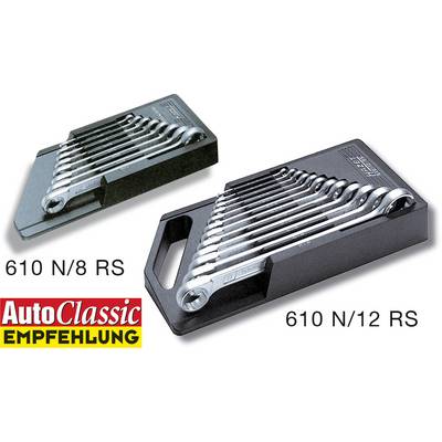 'Två satser av ringnycklar i en låda. Vänster 610 N/8 RS, höger 610 N/12 RS. Med AutoClassic rekommendationsförsegling längst ned till vänster.'