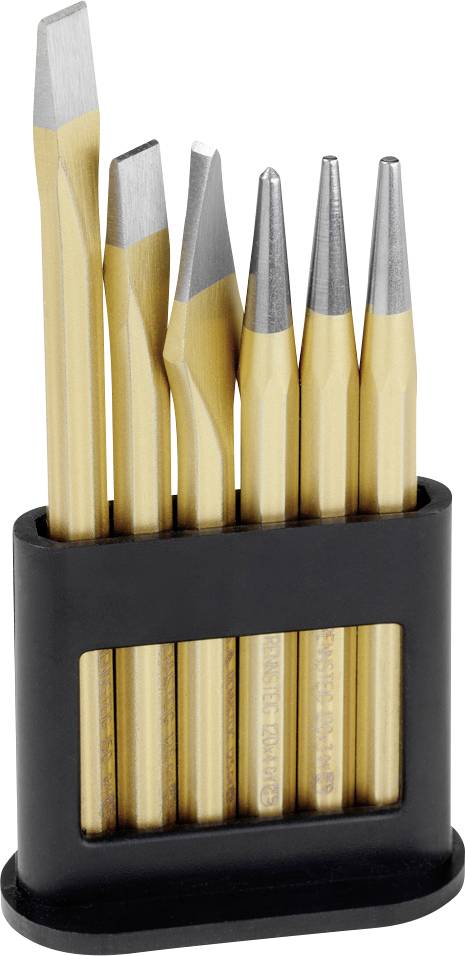 En uppsättning guldfärgade verktygsmeislar och stämplar i en svart hållare, som varierar i storlek och form.