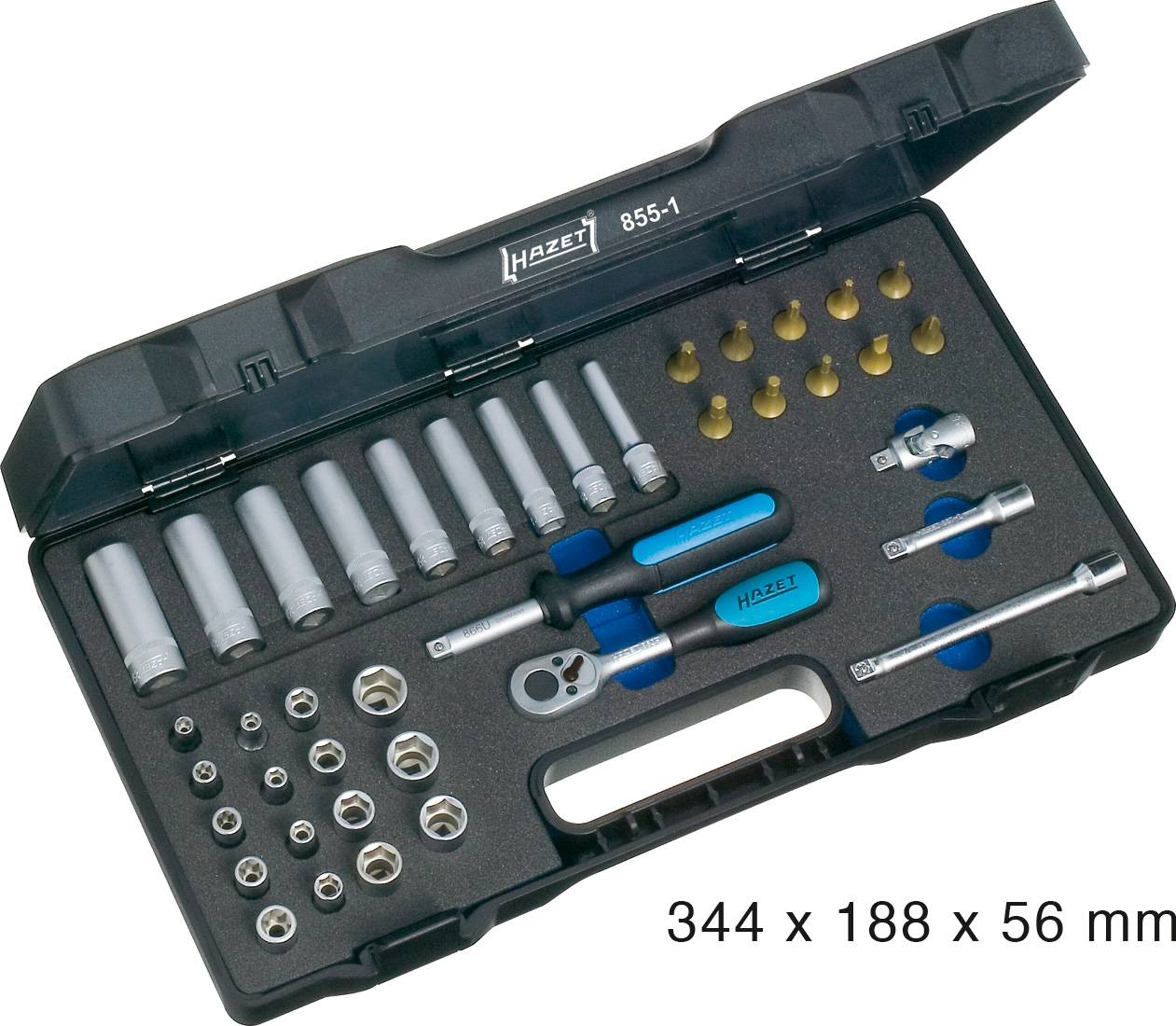 'Set av skruvnycklar och bits i ett svart fodral, inklusive spärrhandtag och förlängningar, 344 x 188 x 56 mm.'