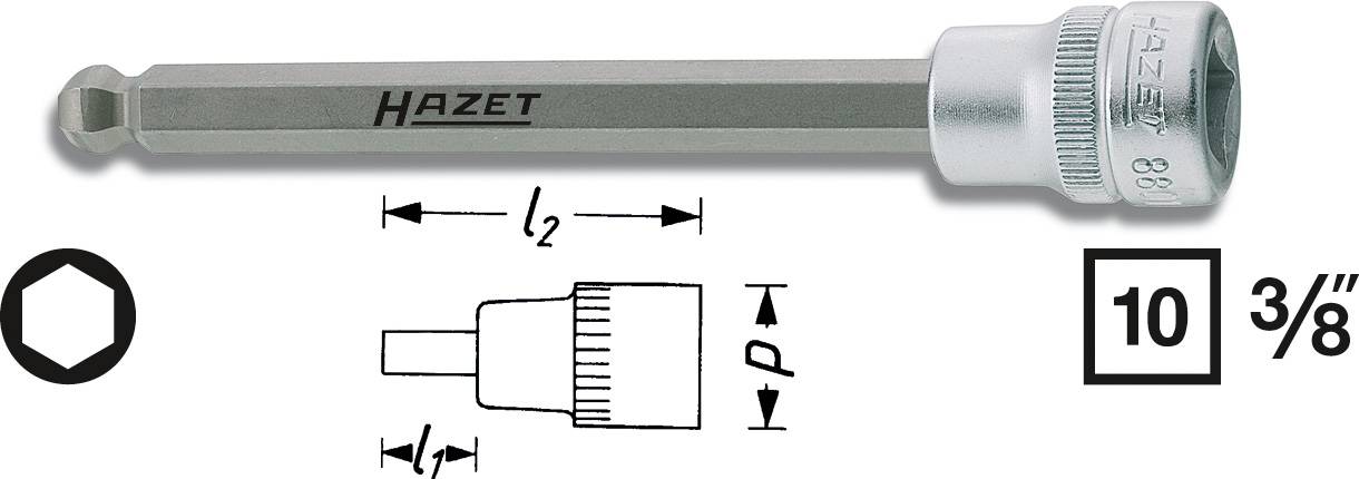 En sexkantig hylsnyckel från Hazet med detaljer om storlek: 10 mm, 3/8 tums drive, och mått för längd och profil.