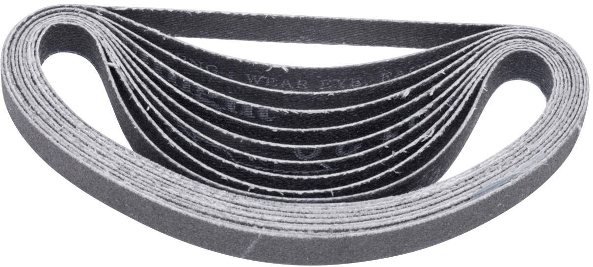 Flera skiktade slipband arrangerade i en U-form, redo att användas i slipmaskiner.