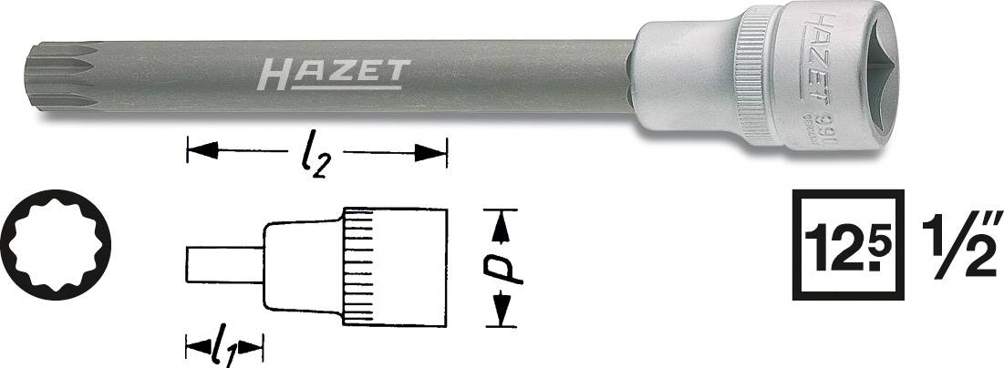 Stiftuttag från Hazet, Torx-design, 12,5 mm (1/2 tum), längd- och handtagssymbolillustrationer. Lämplig för precisionsverktygsinsatser.