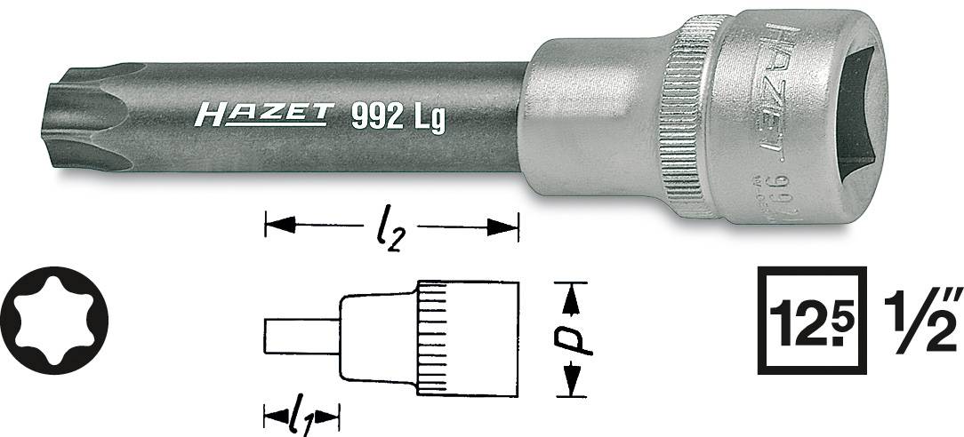 Torx-hylsnyckel HAZET 992 Lg, visar storlekslängder l2 och P. Innehåller HAZET-logotyp och symboler för 12,5 mm (1/2") drive.