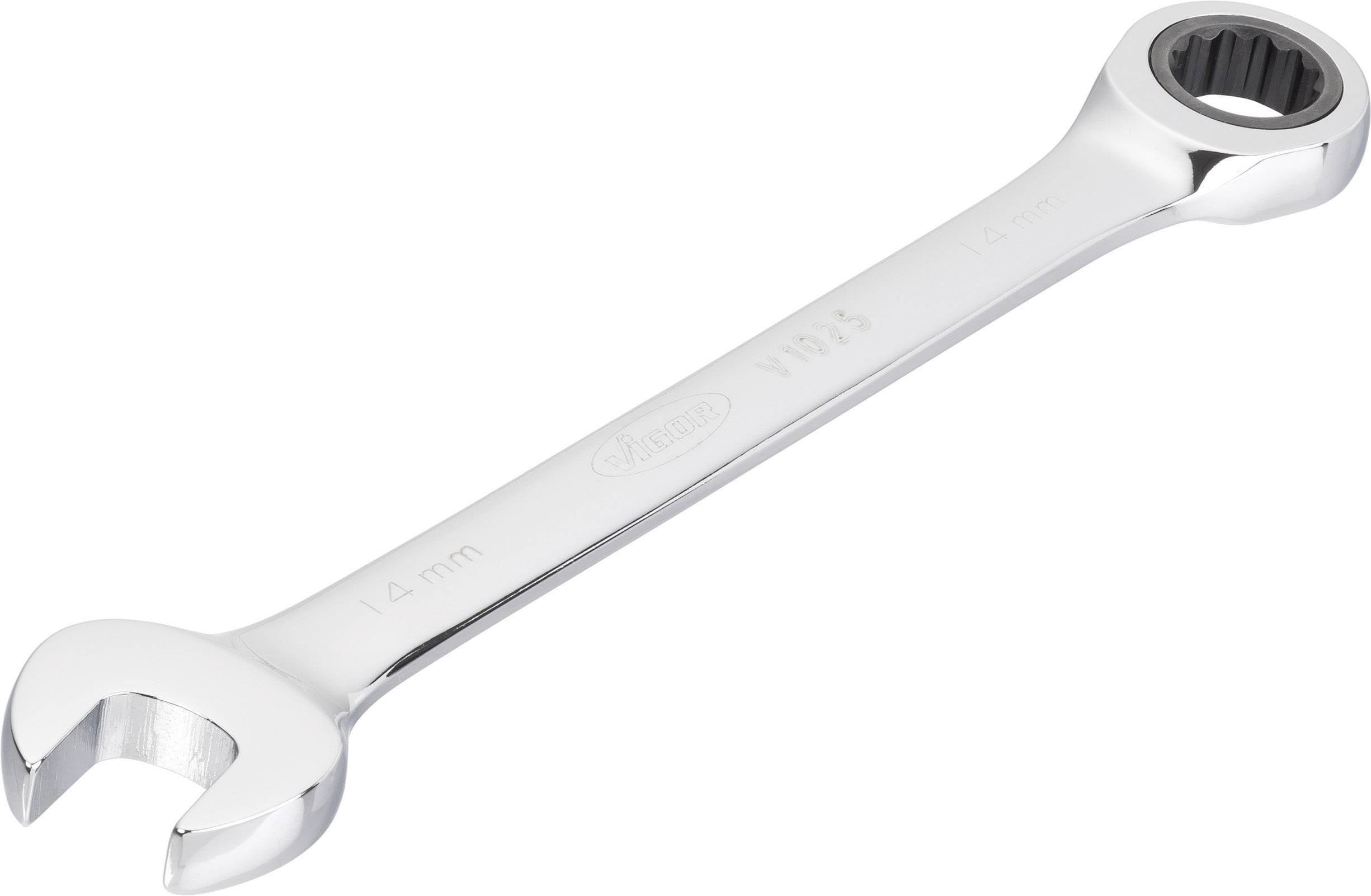 En silverfärgad skaftnyckel med ringspärrhuvud, märkt med '14 mm'. Designad för åtdragning och lossning av skruvar och muttrar.