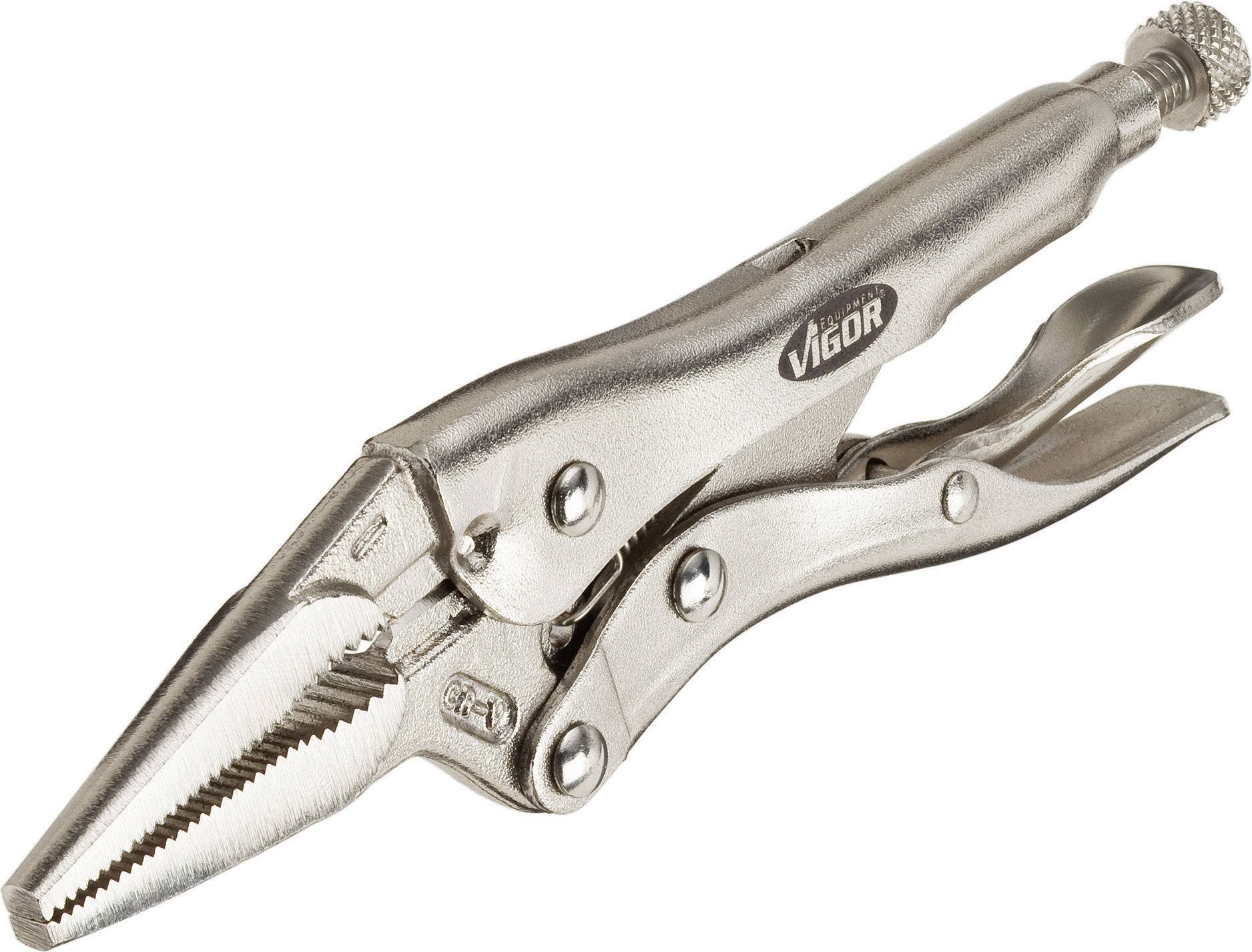 Metallisk låstång med räfflat handtag, spetsig klämkäft och skruvjustering, lämplig för precisionsgrepp av objekt.