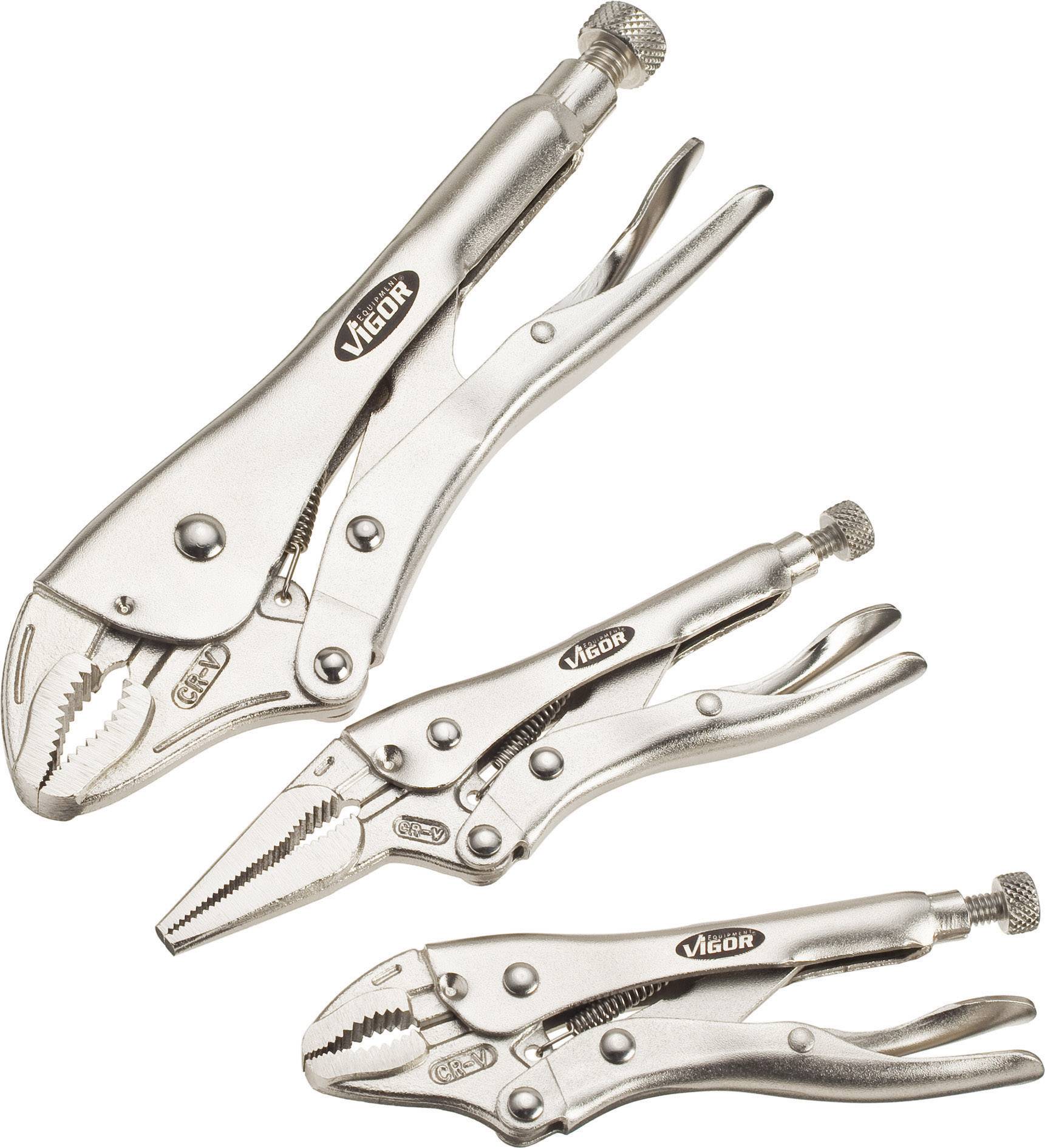 Tre silvergrå peanger i olika storlekar. Varje tång har ett vred för storleksjustering och en Vigor-logotyp.