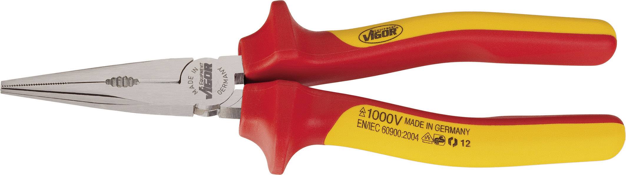 En röd och gul VDE-certifierad spetsstång med isolerade handtag, lämplig för arbeten upp till 1000 volt.