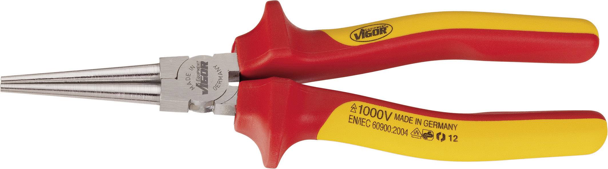 Tång med isolerade röd-gula handtag, lämplig för arbeten upp till 1000V. Märkning 'VDE' och 'Made in Germany'.