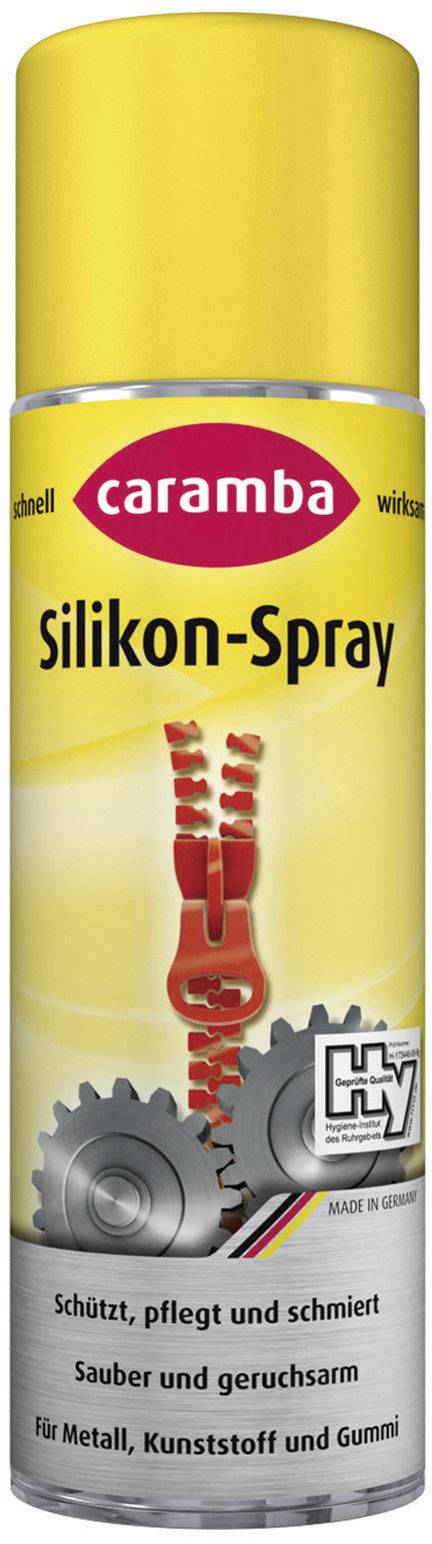 Gul burk med röd dragkedja, 'caramba silikonspray'. Skyddar, vårdar och smörjer; lämplig för metall, plast och gummi.