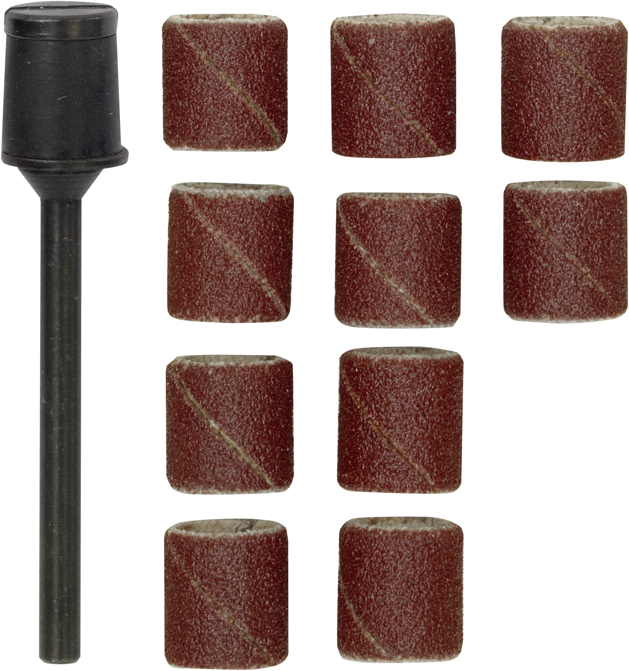 Slipningstillbehör: till vänster en slipspindel, till höger åtta slipband i två rader. Lämplig för detaljarbete och finslipning.