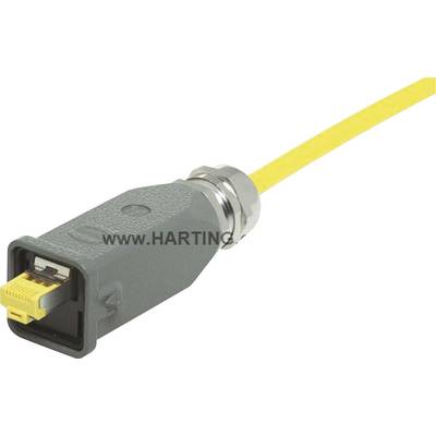 Industriella Ethernet-kontakter med grått hölje och gult kabel från varumärket HARTING, lämpliga för industriella tillämpningar.