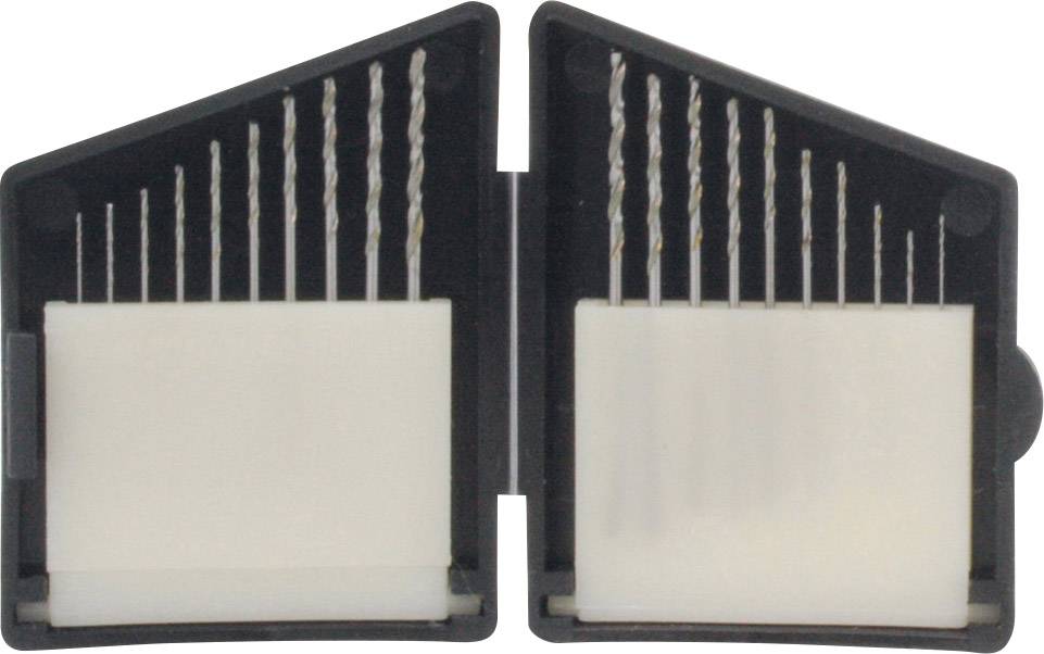 Ett öppnat etui med tio fina borrar, säkert förvarade i hållare. Lämpligt för precisa hantverksarbeten.