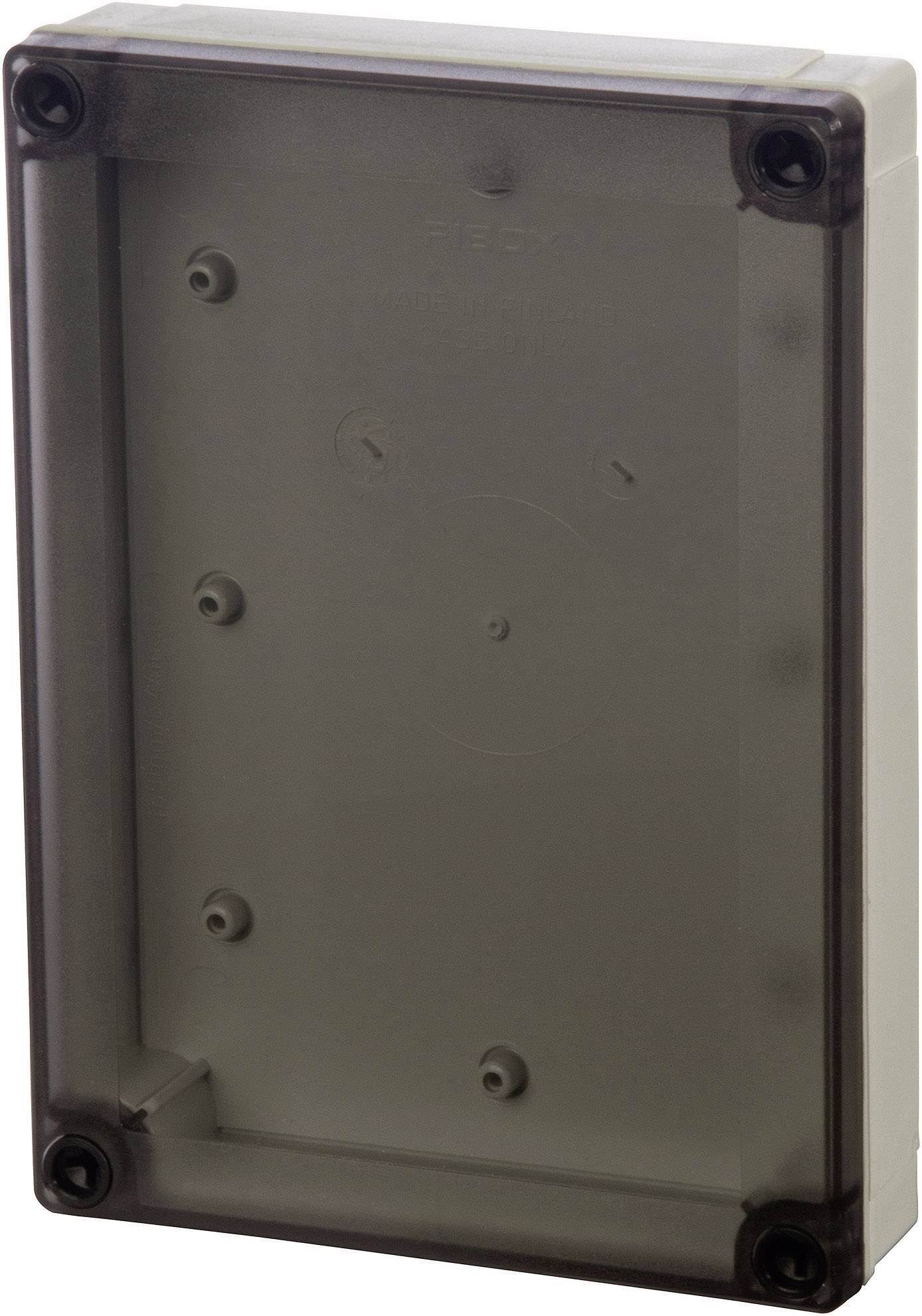 Ett rektangulärt, grått plastfodral med avrundade hörn, skruvhål och transparent frontlock. Lämplig för installationer.