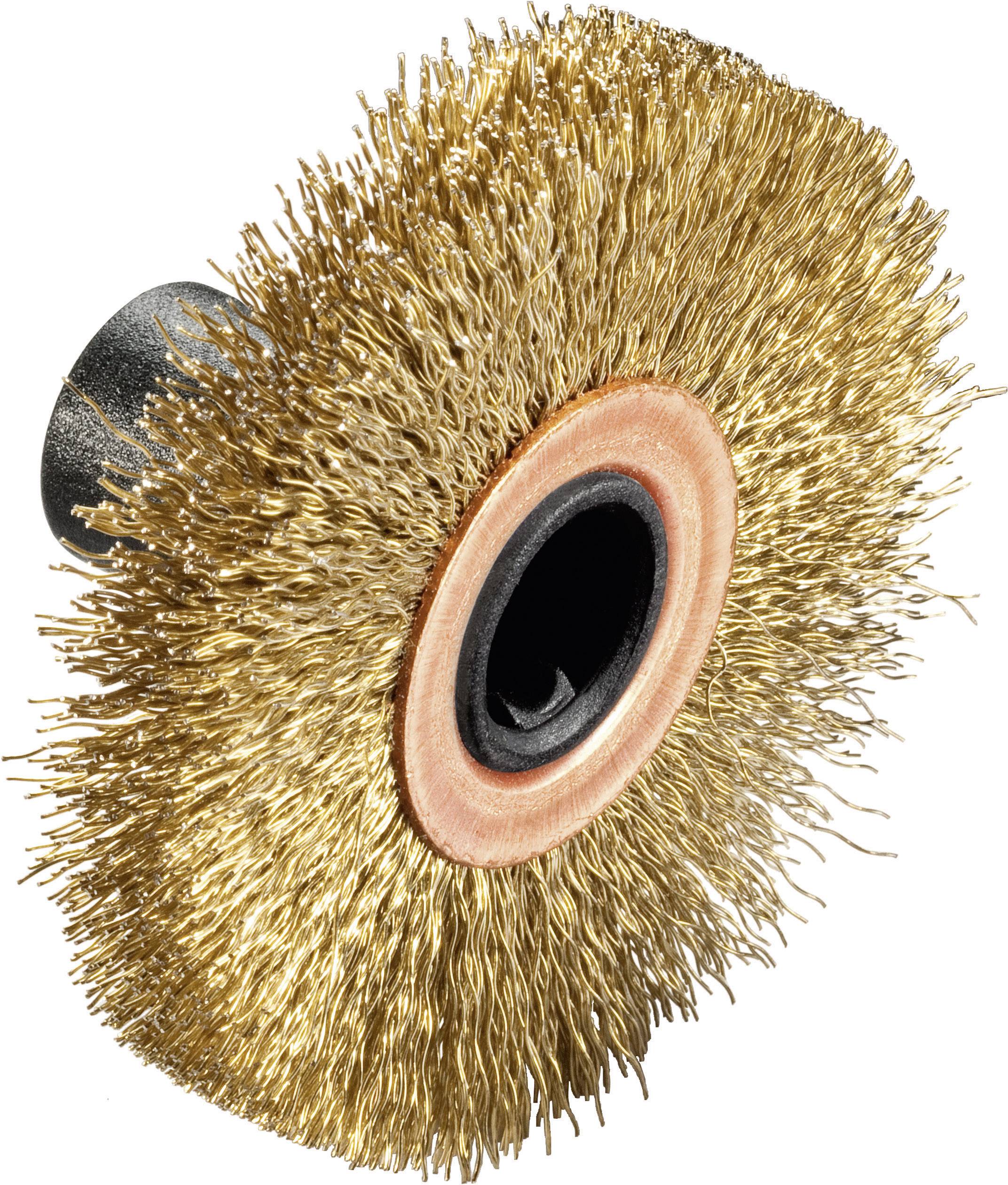 Rundborste av mässingstråd med svart plastkärna, lämplig för borttagning av rost eller lack på metallytor.