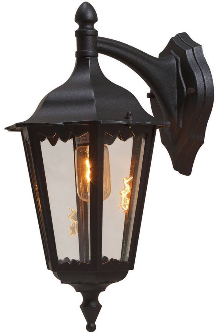Svart vägglampa i metallstil som en lykta med lysande glödlampsken, lämplig för utomhusbruk.