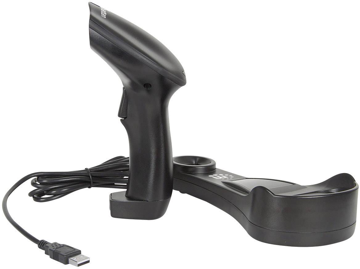En svart handhållen scanner med USB-kabel och tillhörande laddningsstation. Scannern är tillverkad av plast och står på laddningsstationen.
