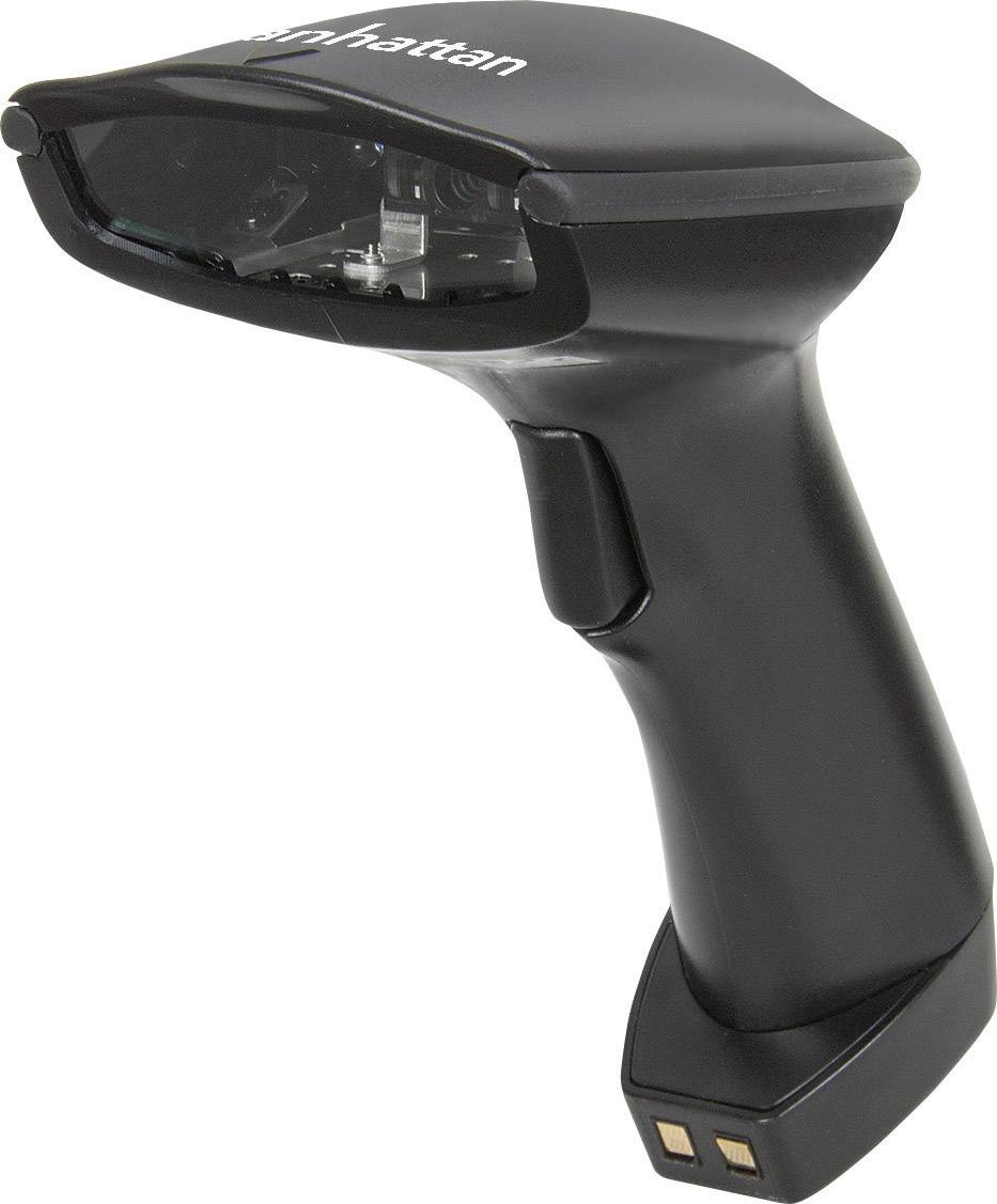 En svart handhållen streckkodsscanner med ergonomiskt grepp. Ovanpå syns en logotyp utan varumärke.