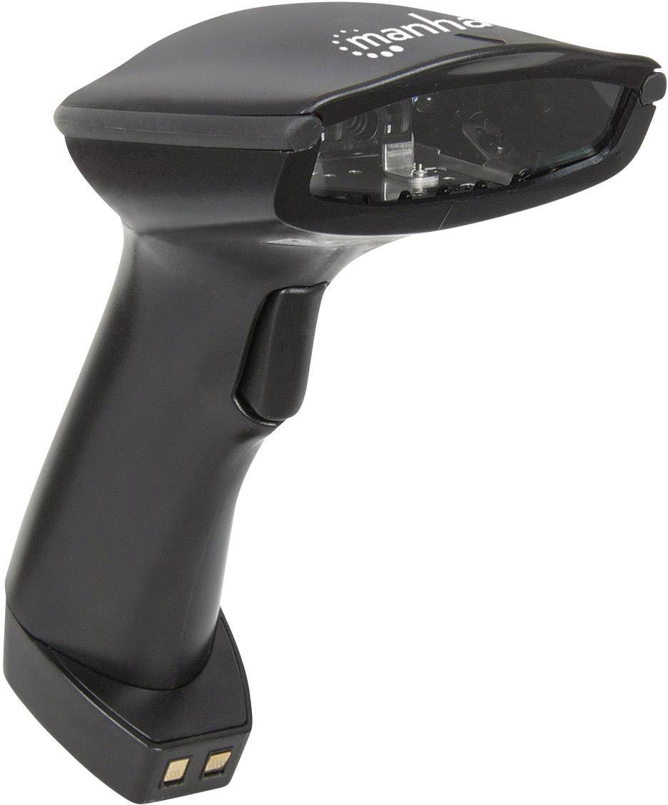En svart handhållen scanner i rektangulär form, avsedd för skanning av streckkoder eller QR-koder.