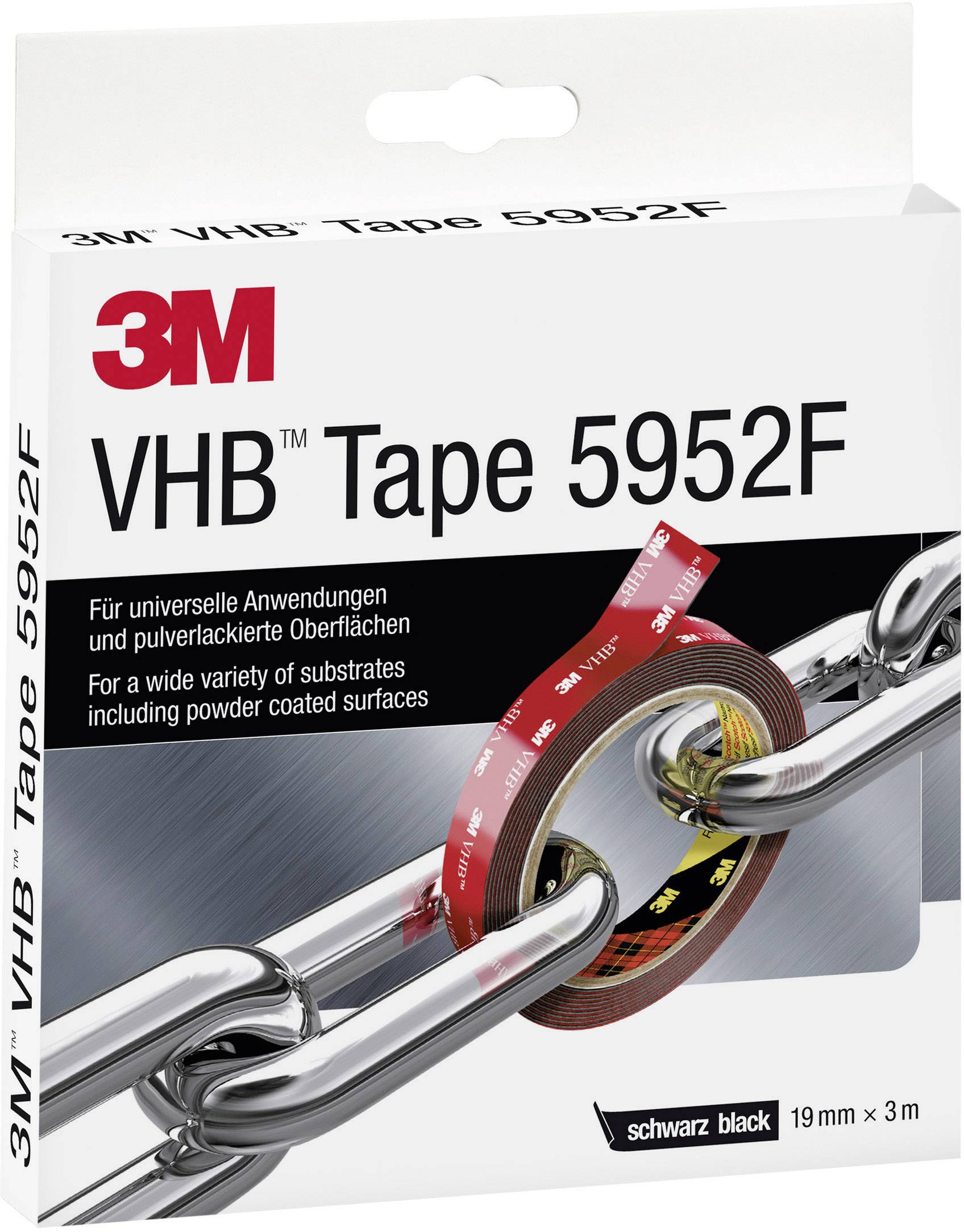 Förpackning för ett 3M VHB-tejp 5952F. Visar ett starkt häftande tejp, röd rulle framhävd. För mångsidig ytanvändning.