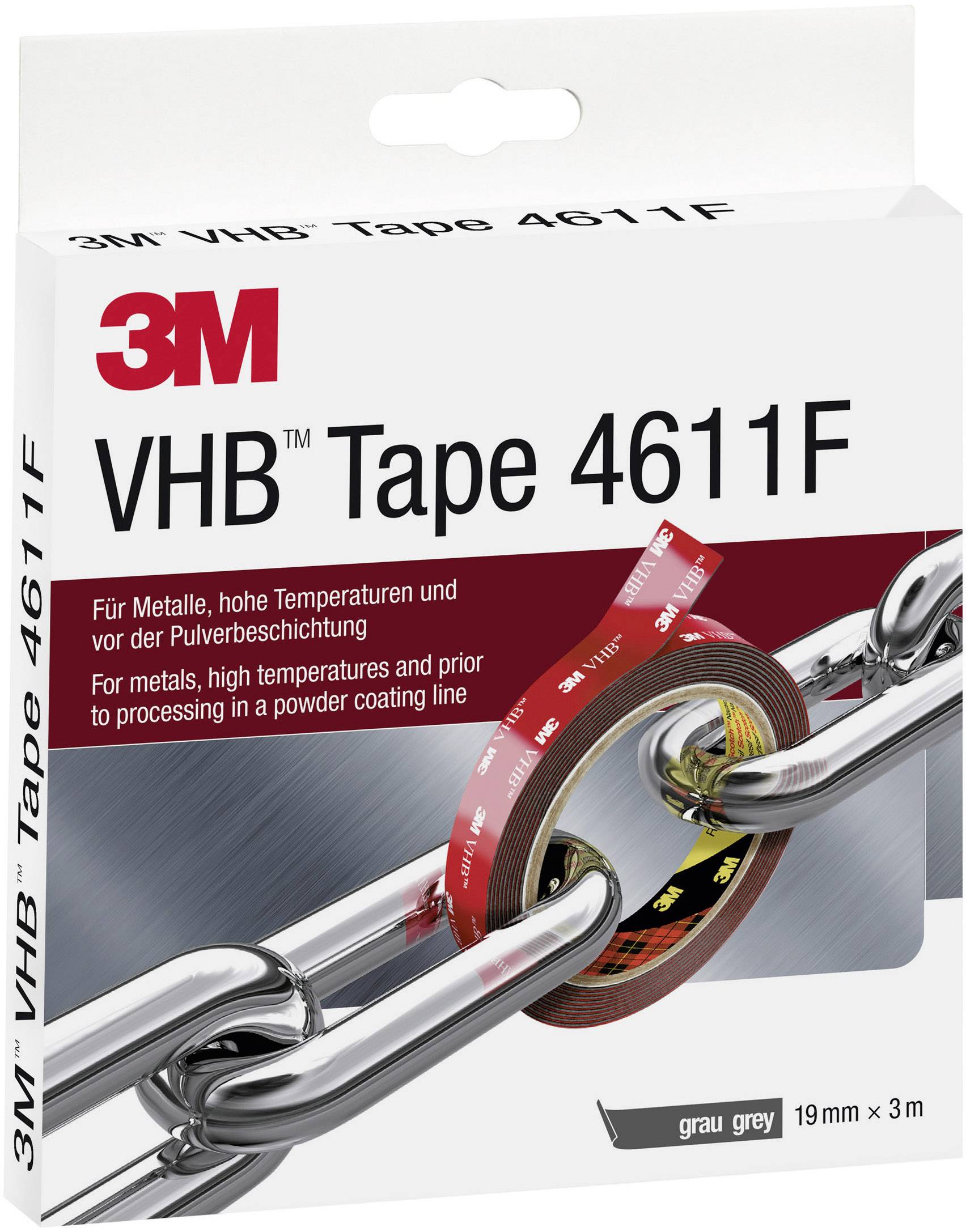 '3M VHB Tejp 4611F' Förpackning. Tejp för metaller, höga temperaturer och innan pulverbeläggning, grå, 19 mm x 3 m. Bilden visar stark vidhäftning vid kedjeförbindelser.