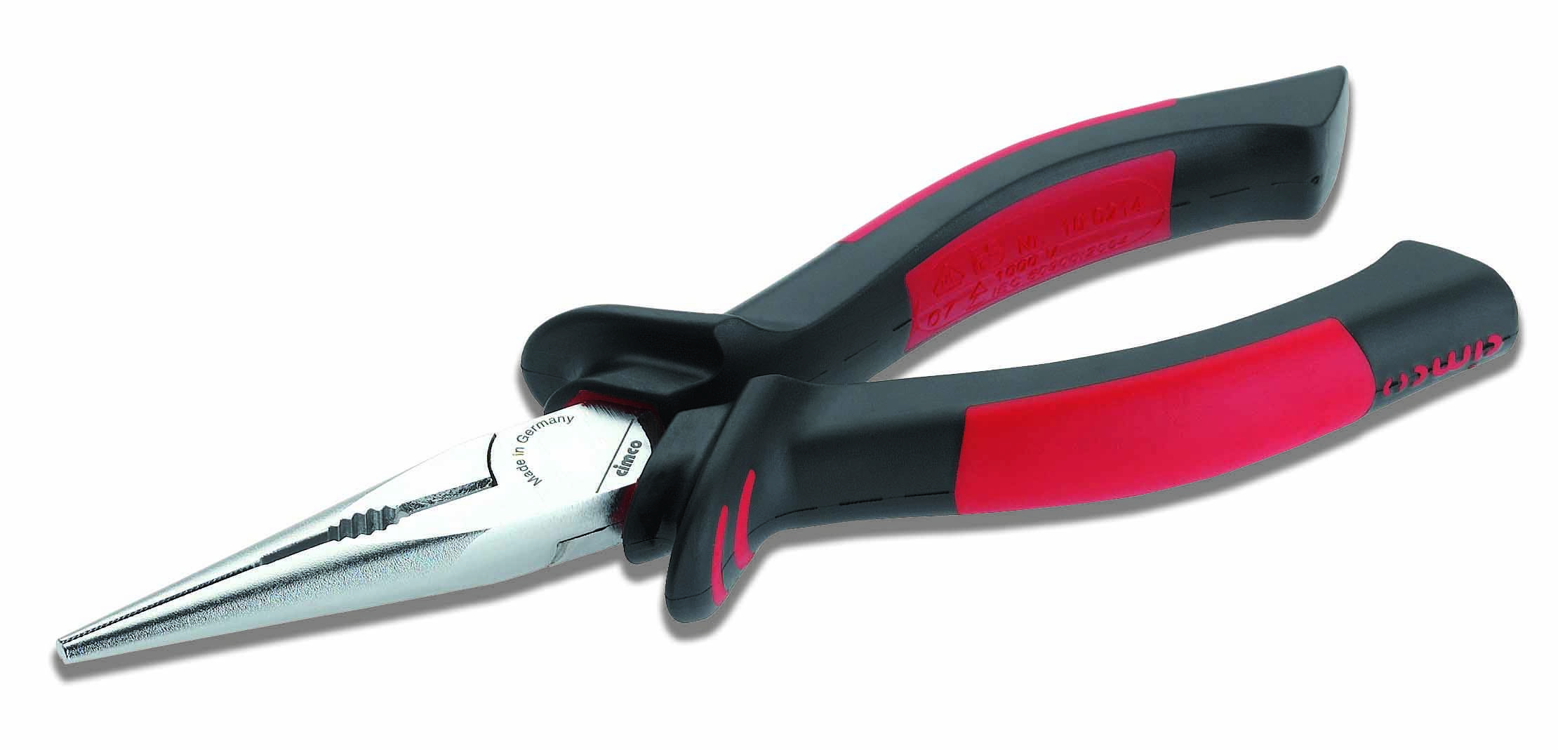 Lång spetsig tång med röda och svarta handtag, lämplig för precisionsarbeten på svåråtkomliga platser.