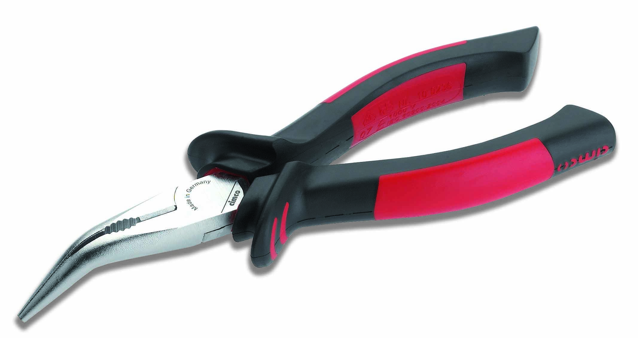 Spetständtång med röd och svart handtag, lämplig för precisionsarbeten i svåråtkomliga områden.