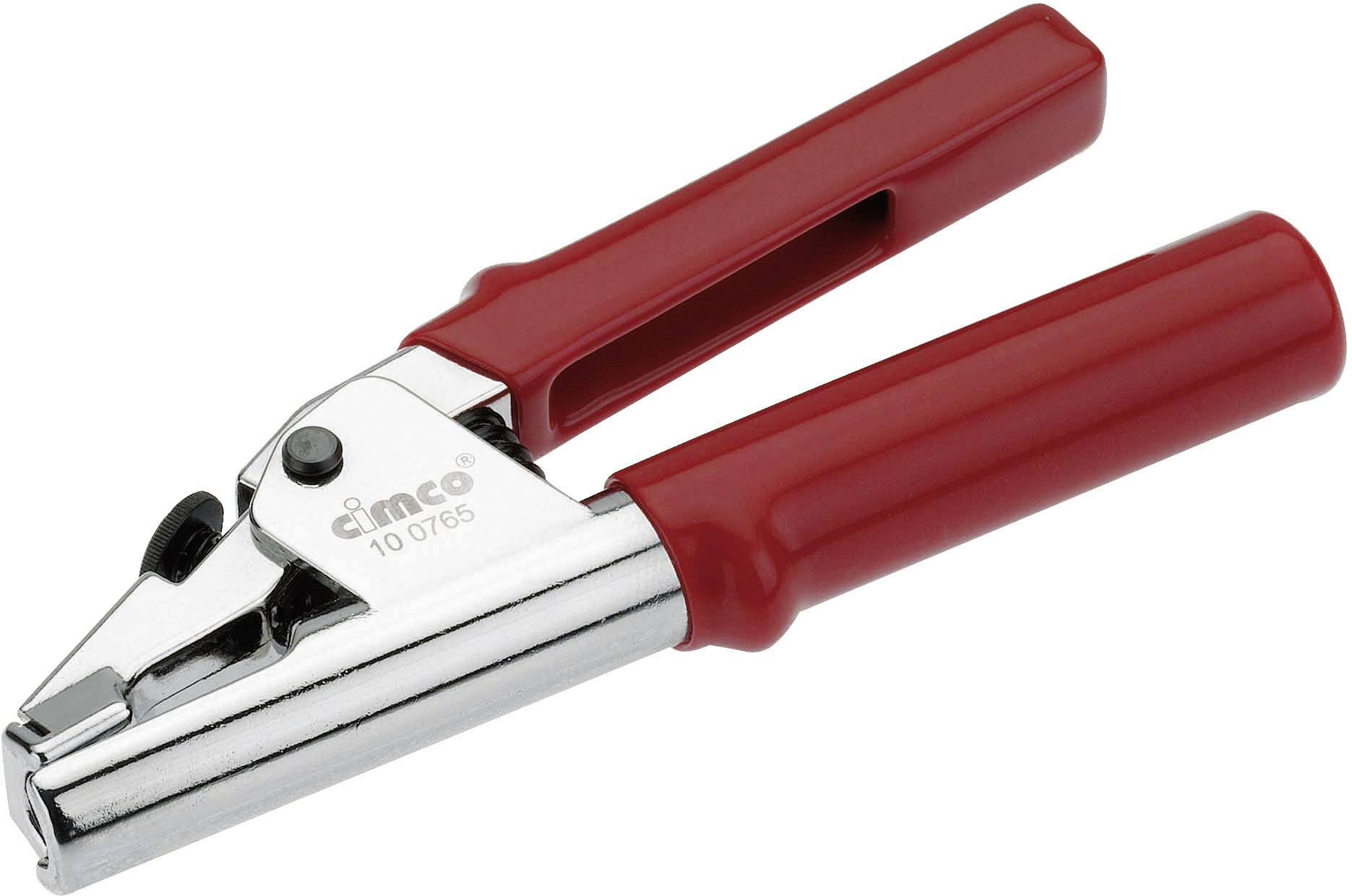 En röd hålslagare för plastband, illustrerad med sitt metalliska huvud och röda handtag mot en vit bakgrund.