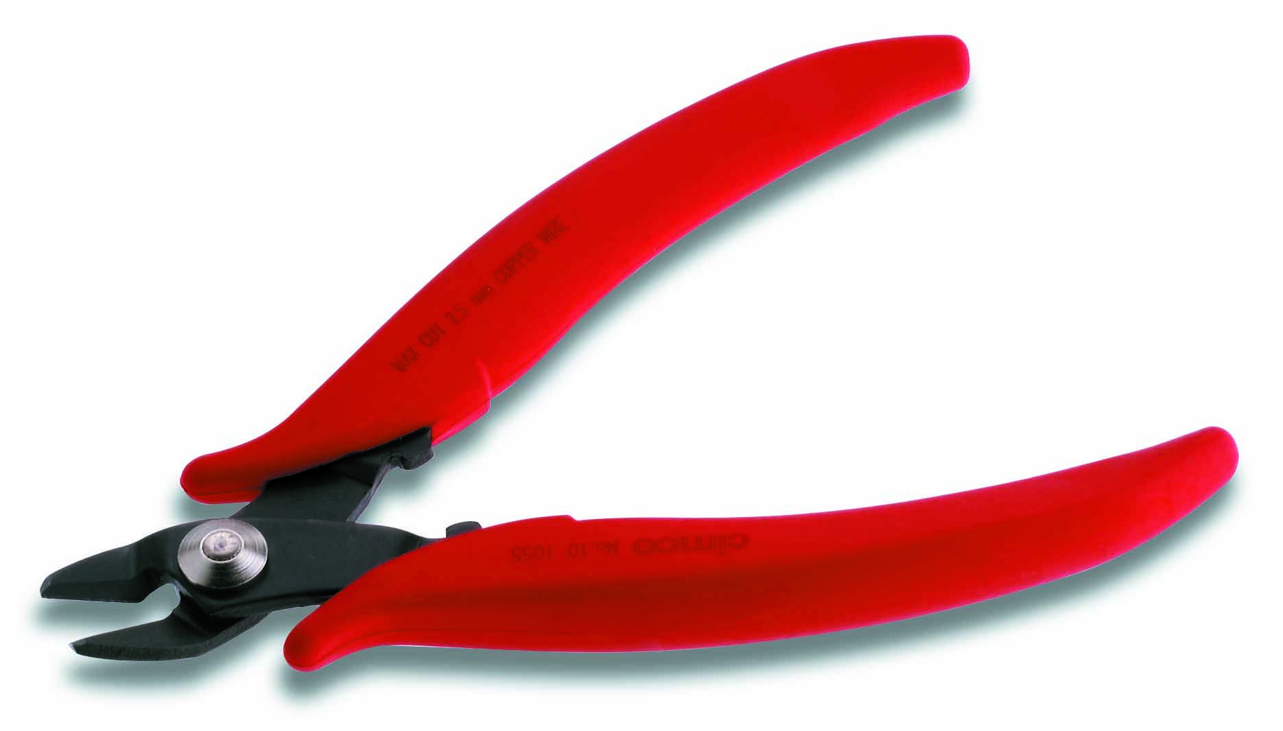 Röda avbitare med svarta blad, lämpliga för att klippa igenom tråd eller tunnplåt. Perfekt för precisionsklippning.