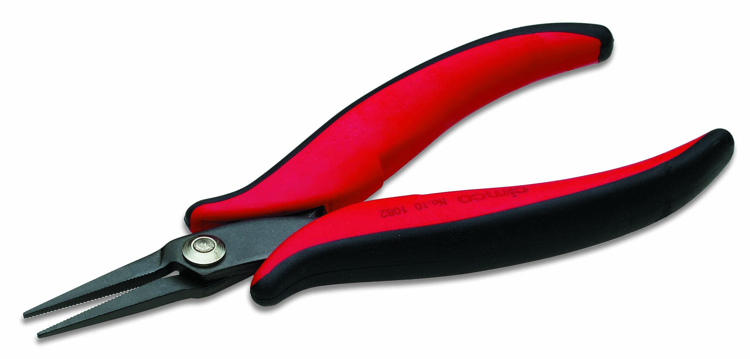 Röd och svart kombinationstång med långt, spetsigt huvud, lämplig för precisionsarbeten i DIY- eller professionella projekt.