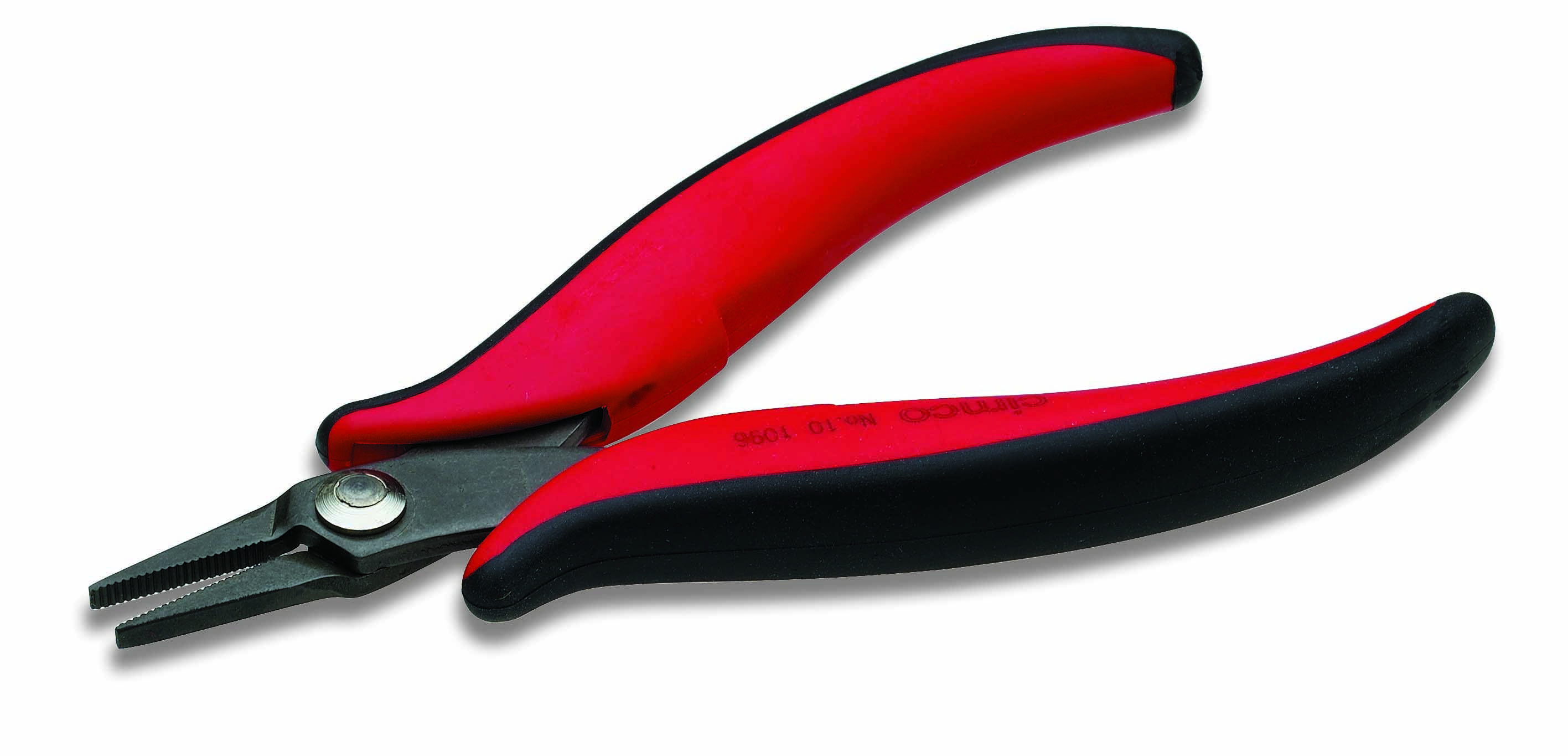Röd och svart tång med gummerade handtag på vit bakgrund. Verktyg avsett för användning inom mekanik eller elektronik.